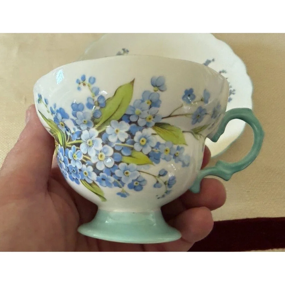 Vintage Rosina Fine Bone China Tea Cup and Saucer Set Blue Forget-Me-Not Floral